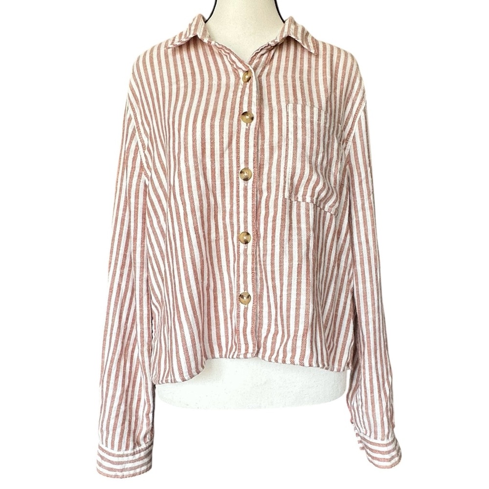 Aeropostale Brown Striped Button‎ Down Cropped Boxy Shirt - Size Large